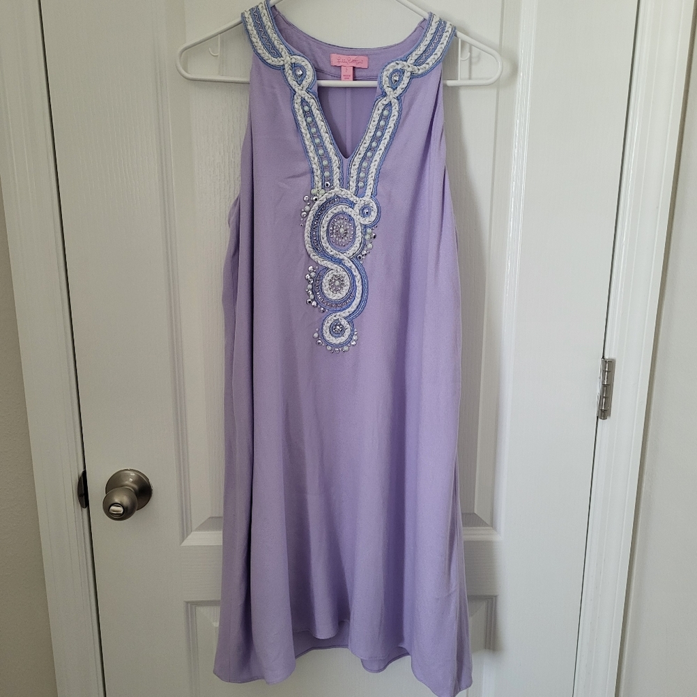 Lilly Pulitzer Lavender Midi Dress with White & Light Blue Embroidery